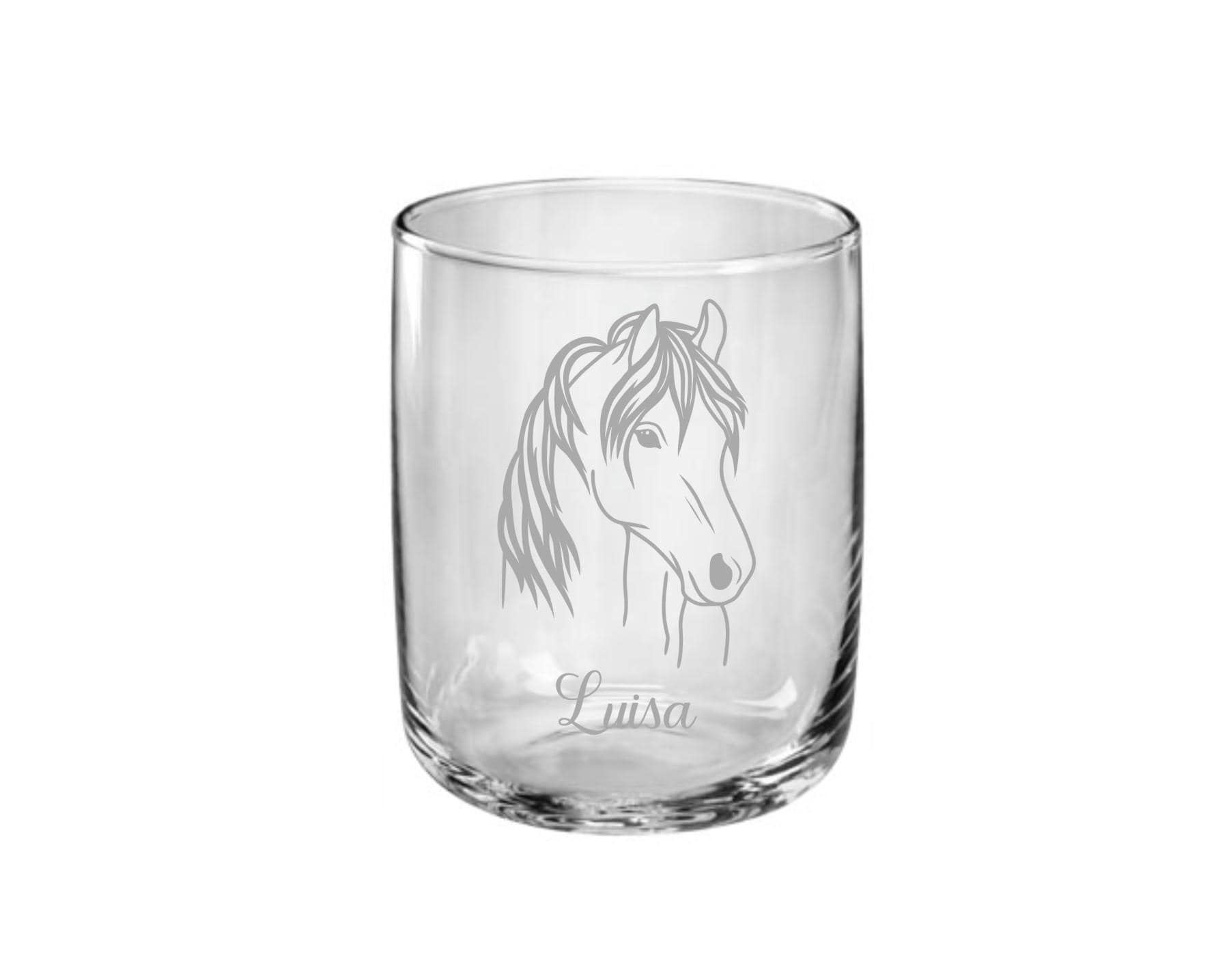 Pferde Kinder Trinkglas mit Gravur, personalisiert mit Namen oder Wunschtext, 3 versch. Glasformen,  Geschenk für Pferdefreunde, Art.Nr.P1