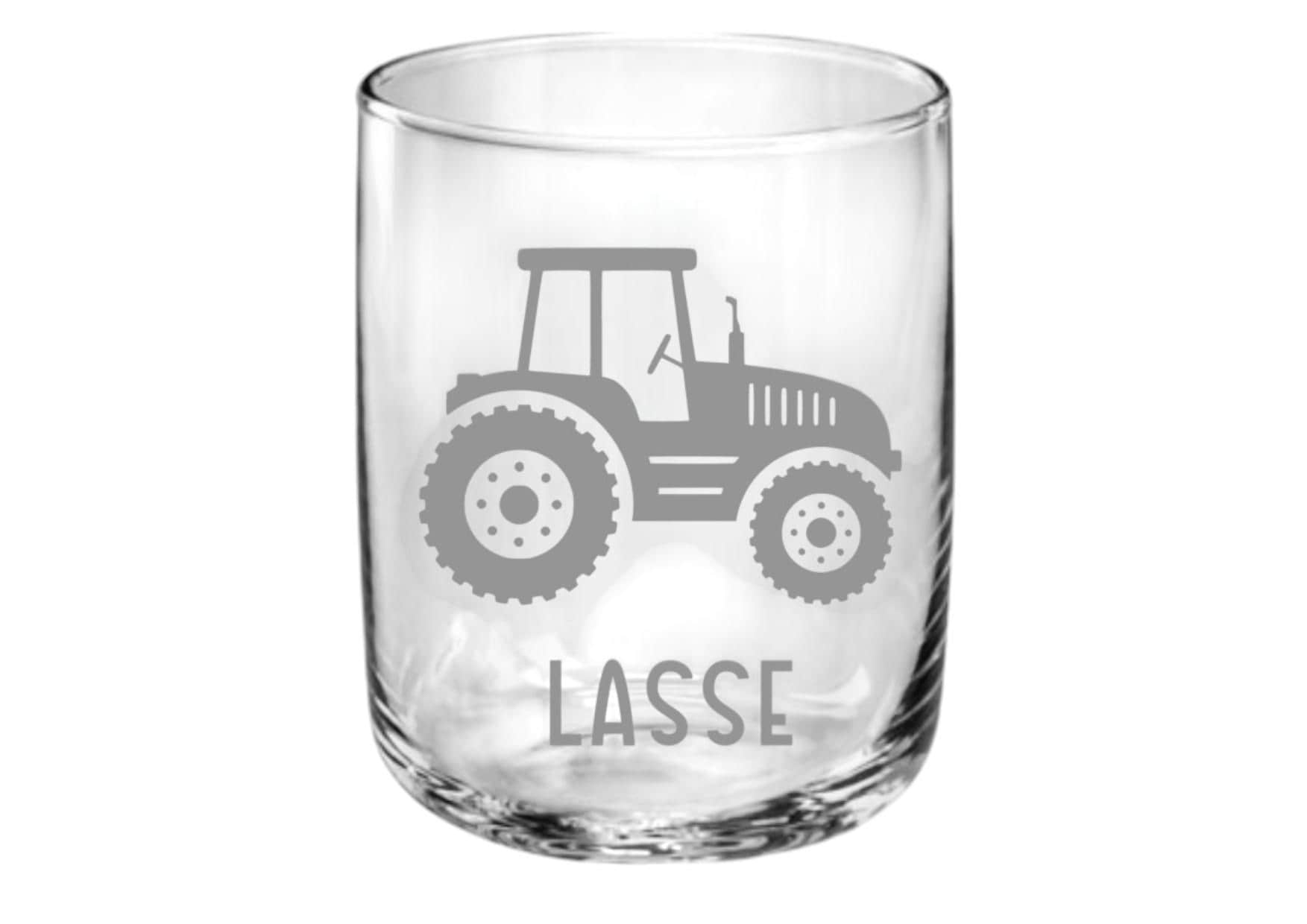 Trinkglas Traktor, Kindertrinkglas für kleine Hände, graviert, personalisiert mit Namen, stabil, Geschenk für Kinder, spülmaschinenfest