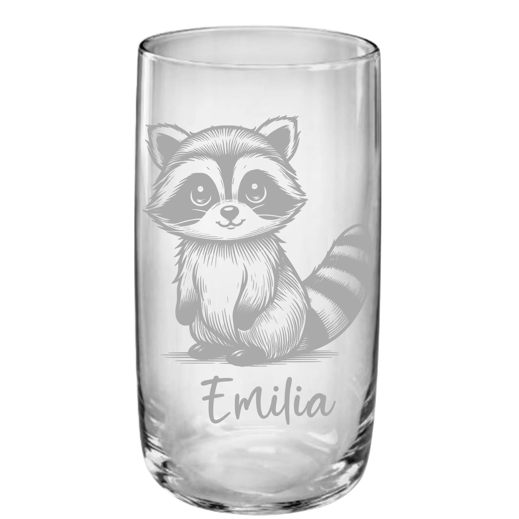 Einzigartiges, personalisiertes Kindertrinkglas, mit Waschbär + Namen graviert, 3 versch. Glasformen, Geburtstagsgeschenk, Art.Nr. TG-W1