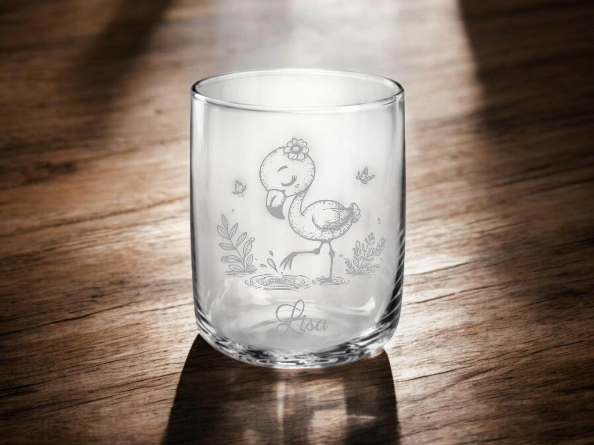 Flamingo Kinder Trinkglas mit Gravur, personalisiert mit Namen oder Wunschtext, 3 versch. Glasformen,  Geschenk für Flamingofans, Art.Nr.F1