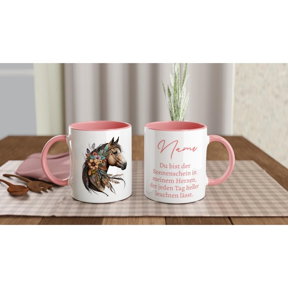 Keramik Tasse mit farbiger Innenseite, Pferdemotiv, personalisiert und sehr schönen Spruch, 350 ml, tolles Geschenk für Mädchen