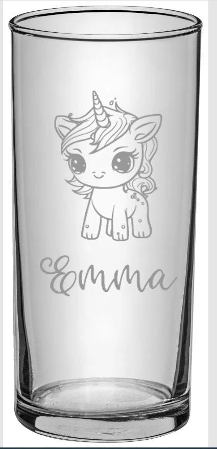 Trinkglas für Kinder, mit Gravur, Name + Einhorn, Geschenk zum Geburtstag, Weihnachten, Ostern oder einfach so, personalisiert nach Wunsch