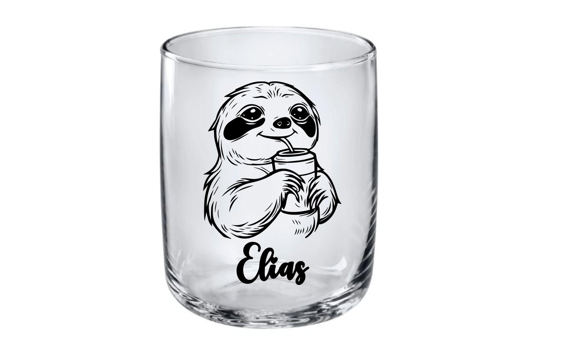 Elegantes Trinkglas mit graviertem Faultier-Motiv & Wunschname, Geschenk für Kinder, 3 Glas Formen zur Auswahl, Art.-Nr.  KT03