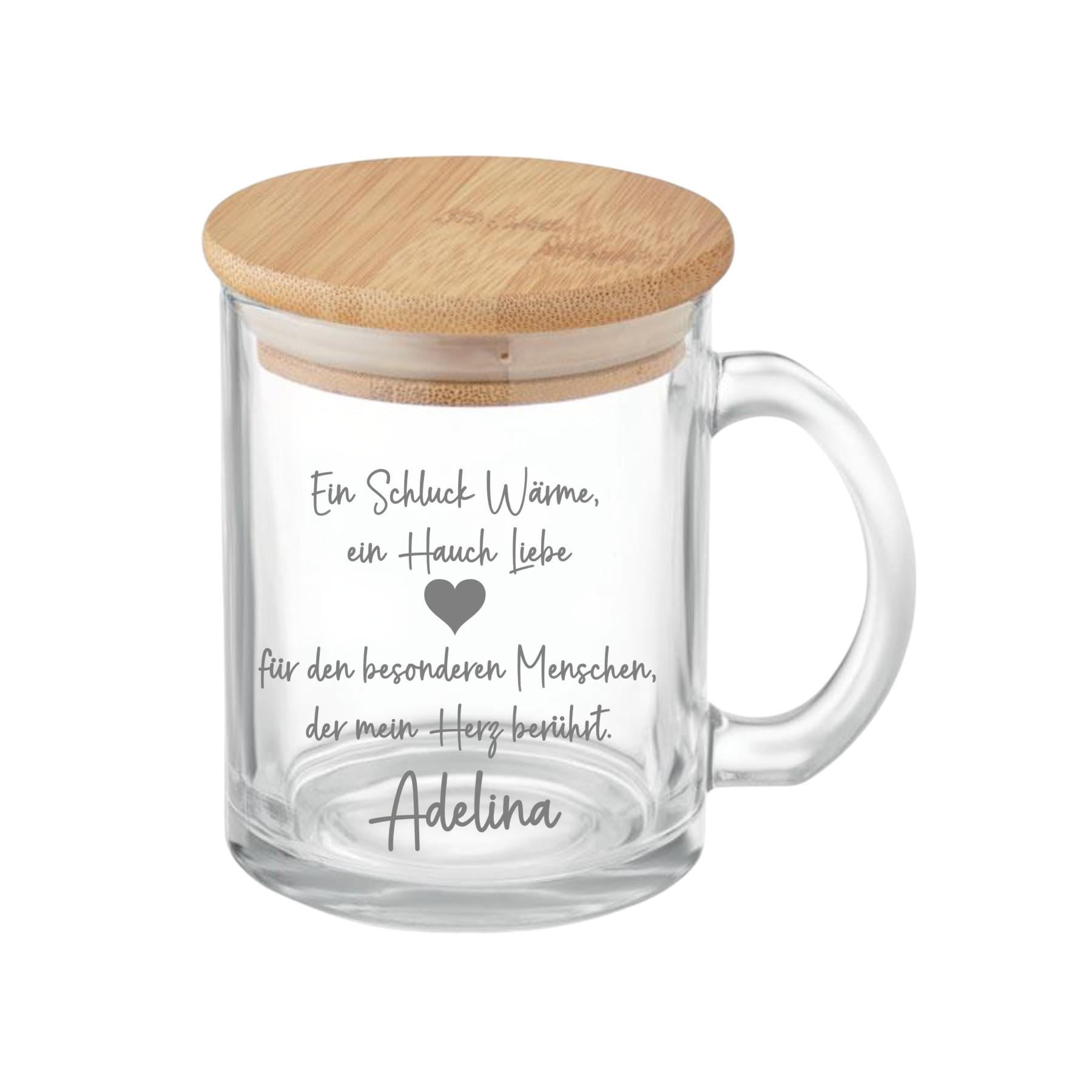 Teeglas mit Deckel aus Bambus, graviert, Wunschname, Geschenk für Teetrinker, robust, Spülmaschinenfest, unterwegs, einfühlsamer Spruch