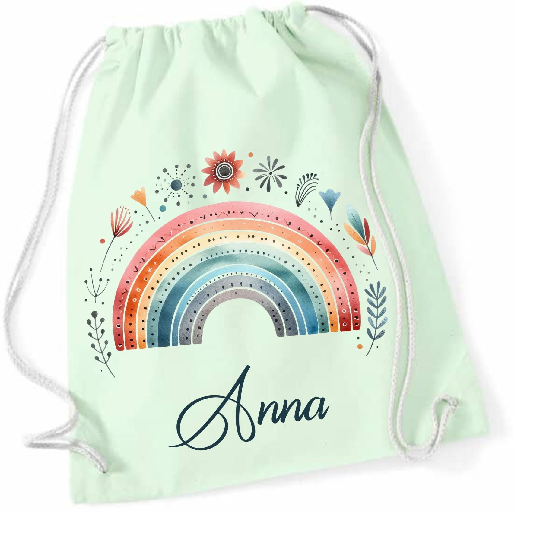 Turnbeutel Regenbogen mit Namen personalisiert, viele Farben Schriftarten, Geschenk für Schule, Kindergarten & Freizeit, Zugschnur, Rucksack
