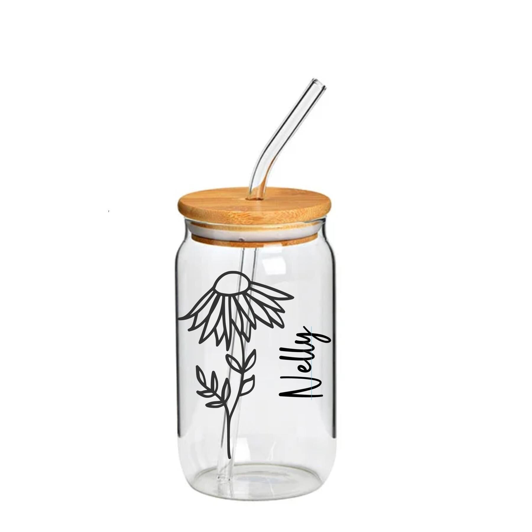 Trinkbecher mit Bambusdeckel und Glasstrohalm, Blumenmuster, To Go Becher, 350 ml, Becher mit Deckel, mit/ohne Personalisierung