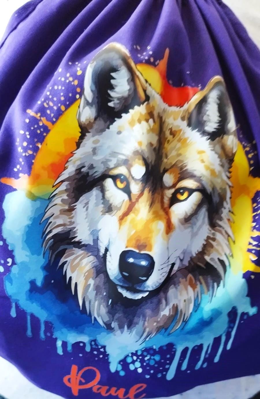 Turnbeutel Wolf, für Schule, Kindergarten, Freizeit, Geschenk für Kinder, verschiedene Farben und Motive, aus Baumwolle