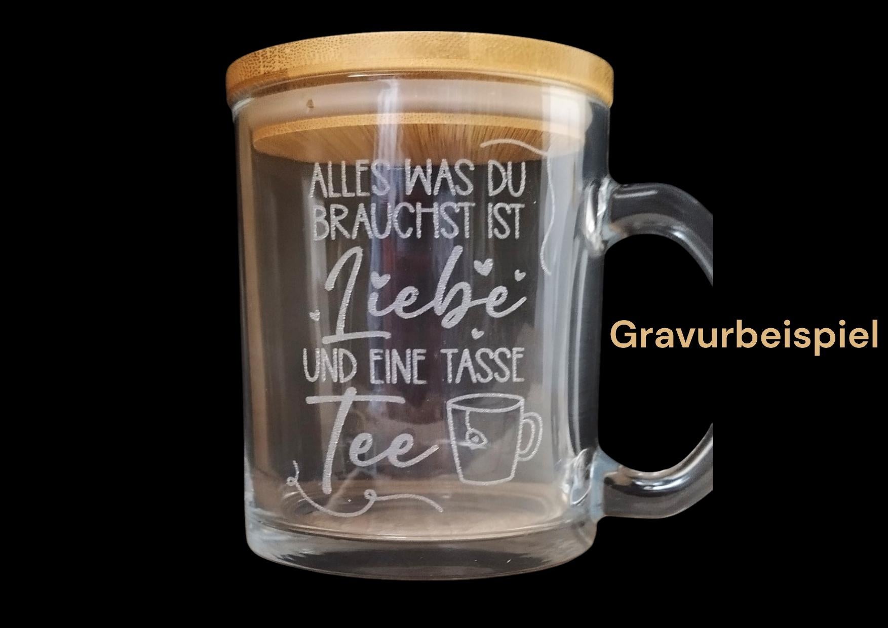 Teeglas, Teetasse mit Bambusdeckel, graviert, personalisiert, mit Namen auf Wunsch, Geschenk für Teetrinker, Art.-Nr. TG03