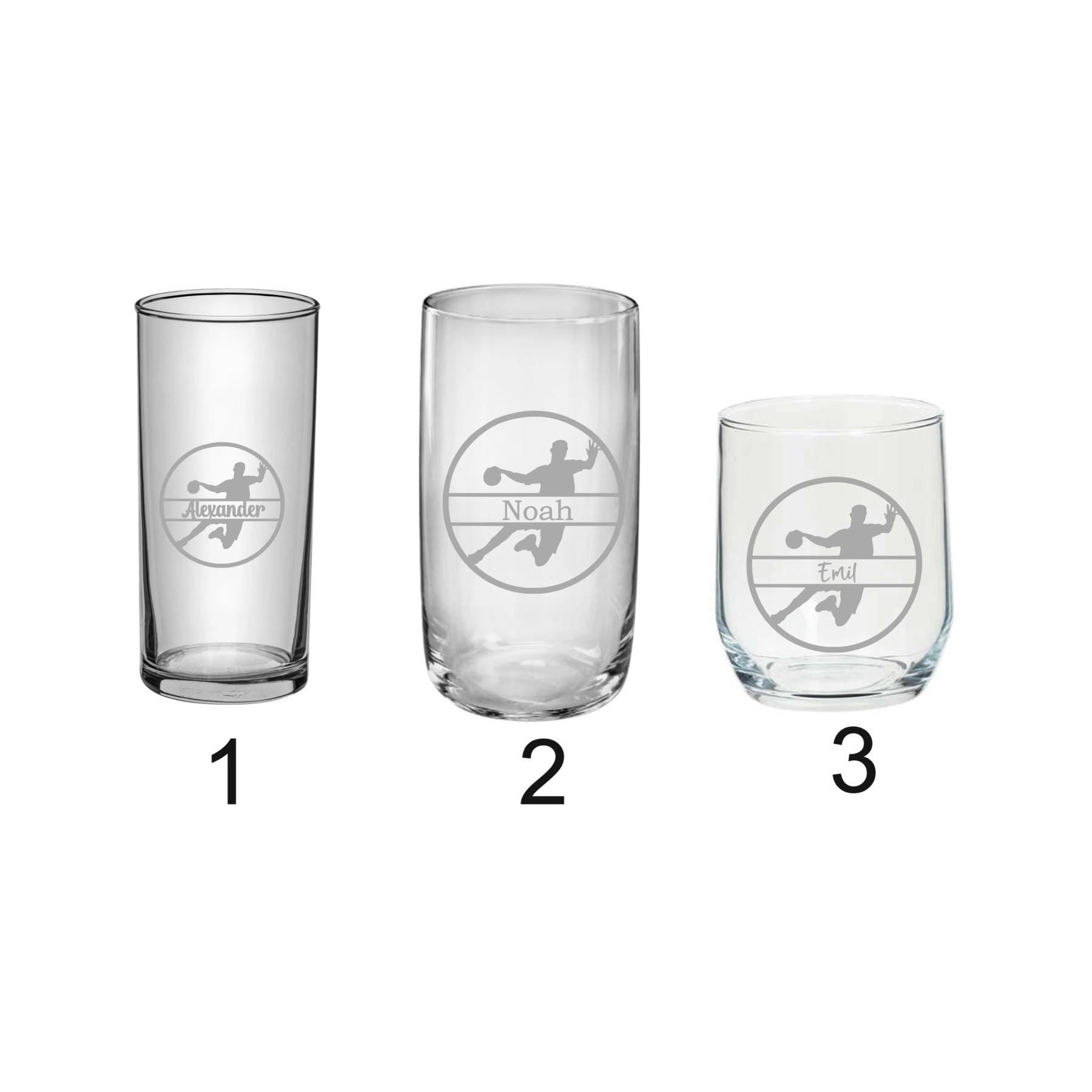 Trinkglas Handball, Geschenk für Handballer, graviertes Glas mit Namen, personalisiert nach Wunsch, 3 versch. Glasformen, Art.-Nr. HB2