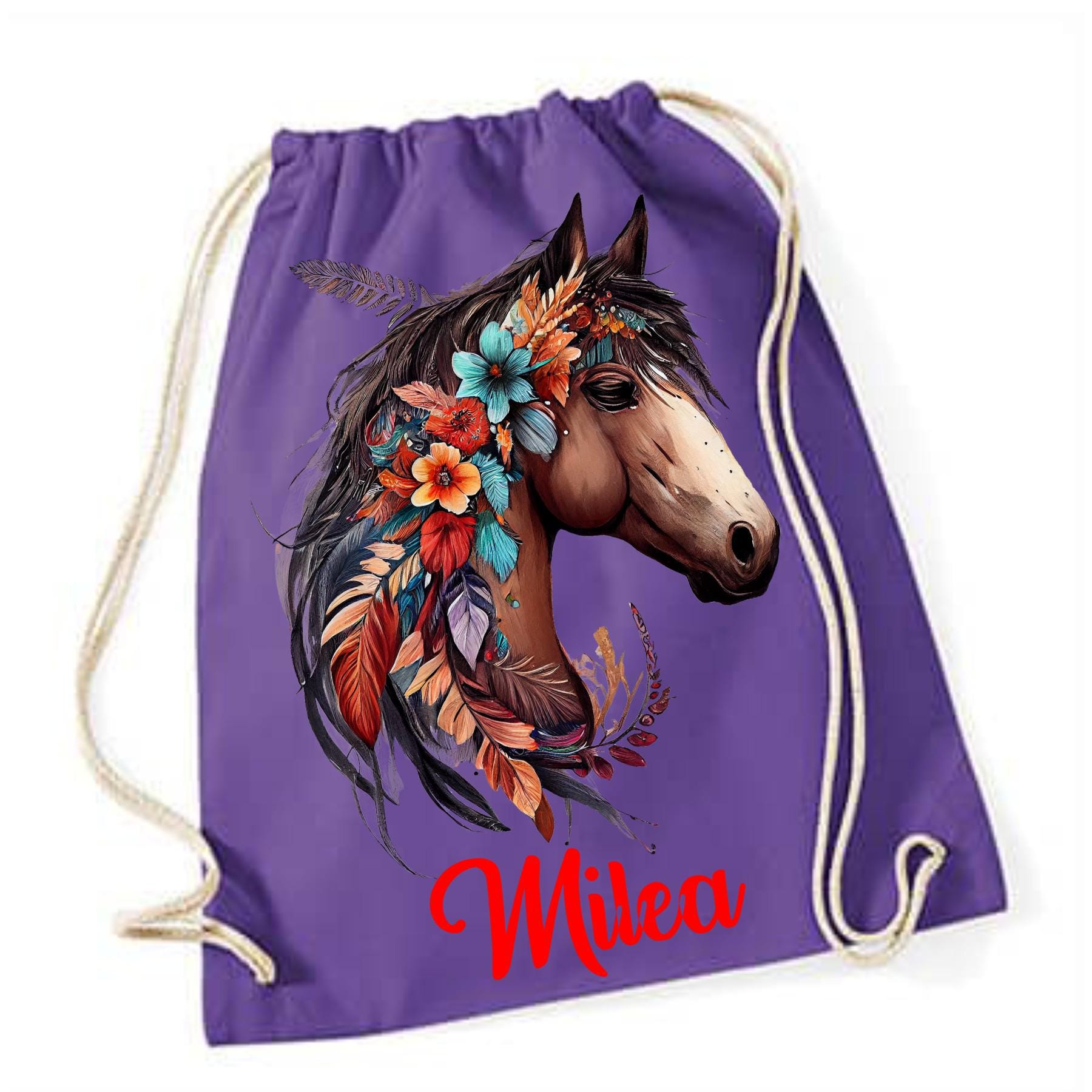 Turnbeutel Pferd mit Namen personalisiert, viele Farben und Schriftarten, Geschenk für Schule, Kindergarten & Freizeit, Zugschnur, Rucksack