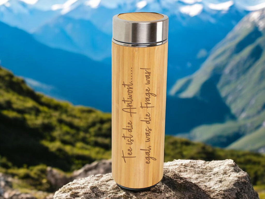 Bambus Thermobecher mit deinen Wunschnamen, doppelwandiger Isolation und Teesieb, tolles Geschenk für Teetrinker,  Art.-Nr. P481619