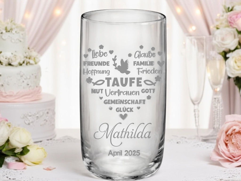 Trinkglas Taufe, Geschenk Geburt, für Jungen und Mädchen, Erinnerungsgeschenk, graviert, personalisiert, mit Namen