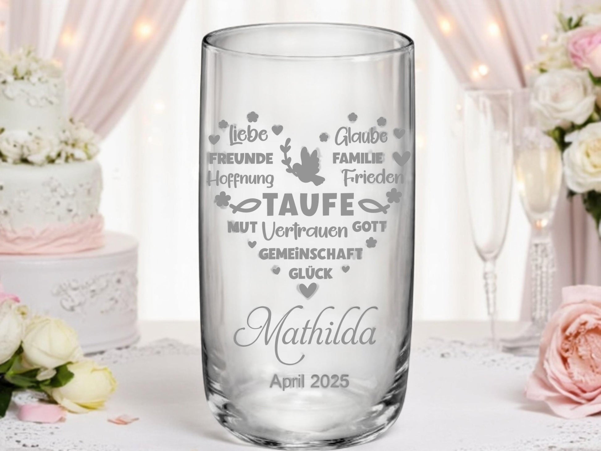 Trinkglas Taufe, Geschenk Geburt, für Jungen und Mädchen, Erinnerungsgeschenk, graviert, personalisiert, mit Namen