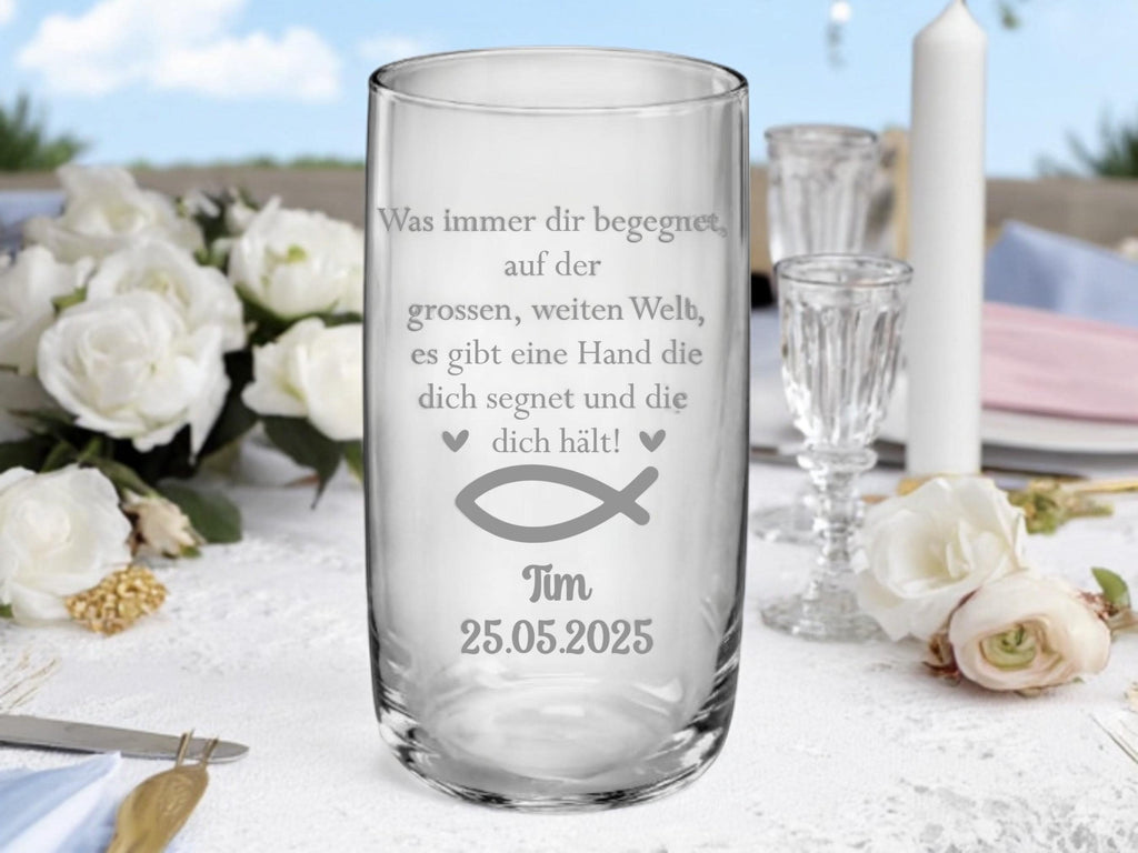 Trinkglas Kommunion, Konfirmation, Taufe, Geschenk Geburt, für Jungen und Mädchen, Erinnerungsgeschenk, graviert, personalisiert, mit Namen