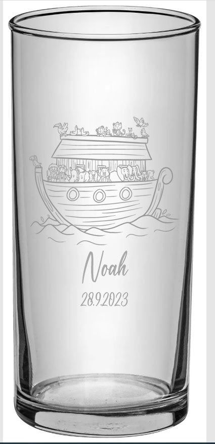 Kinder-Trinkglas, graviert mit Namen, Noahs Arche, Geschenk