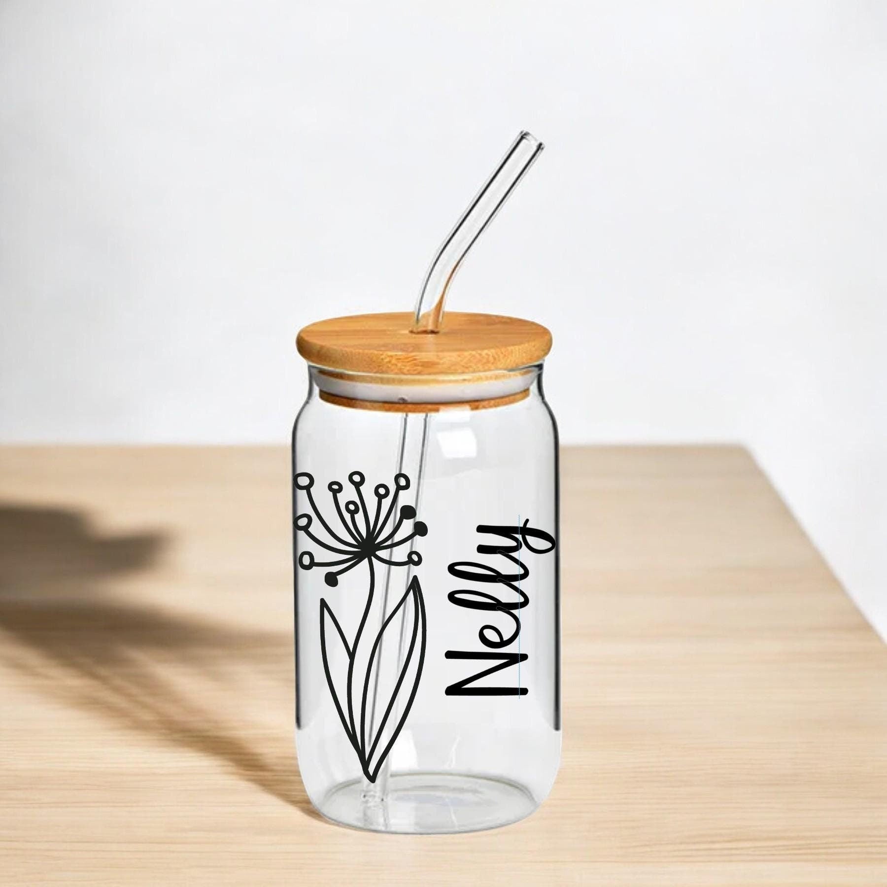 Trinkbecher mit Bambusdeckel und Glasstrohalm, Blumenmuster, To Go Becher, 350 ml, Becher mit Deckel, mit/ohne Personalisierung