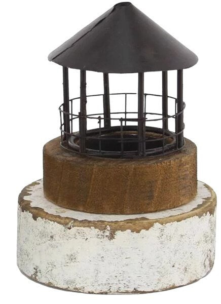 Teelicht-Halter, Leuchtturmkopf, Holz/Metall, 9,3x9,3x12cm, maritimes Windlicht, Leuchtturm, Windlicht, maritimer, rustikaler Style