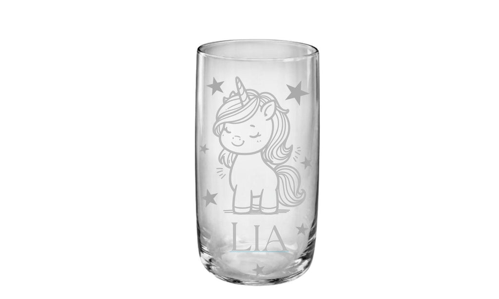 Graviertes Trinkglas mit Einhorn und Namen für Kinder, gut geeignet für kleine Kinderhände, ideales Geschenk zum Geburtstag o.a. Kindertag