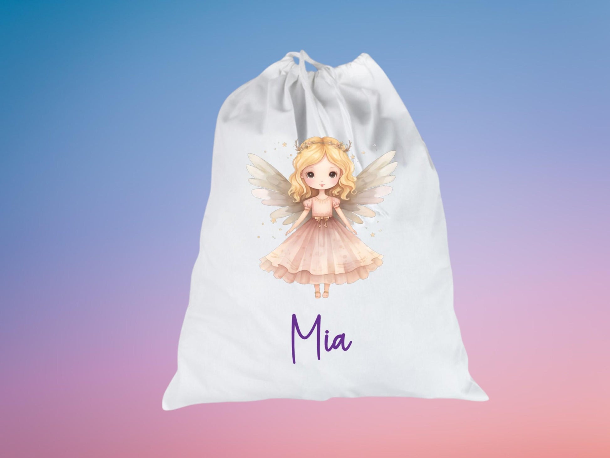 Personalisierter Wäschebeutel für den Kindergarten, Fee Motive auf 2 Seiten, mit Namen personalisiert, Zuziehbeutel, waschbar, Geschenk