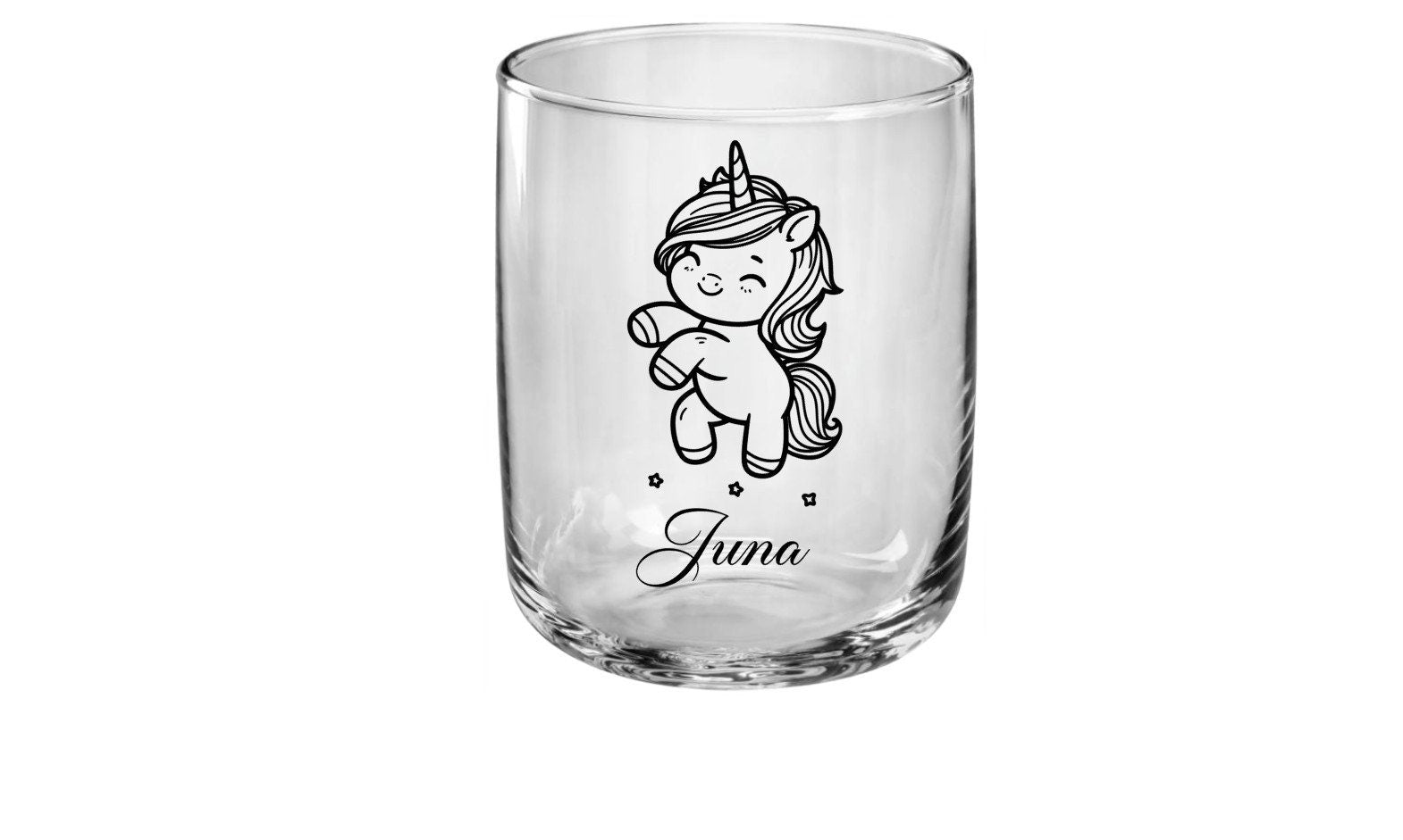 Graviertes Trinkglas mit Einhorn und Namen für Kinder, gut geeignet für kleine Kinderhände, ideales Geschenk zum Geburtstag o.a. Kindertag