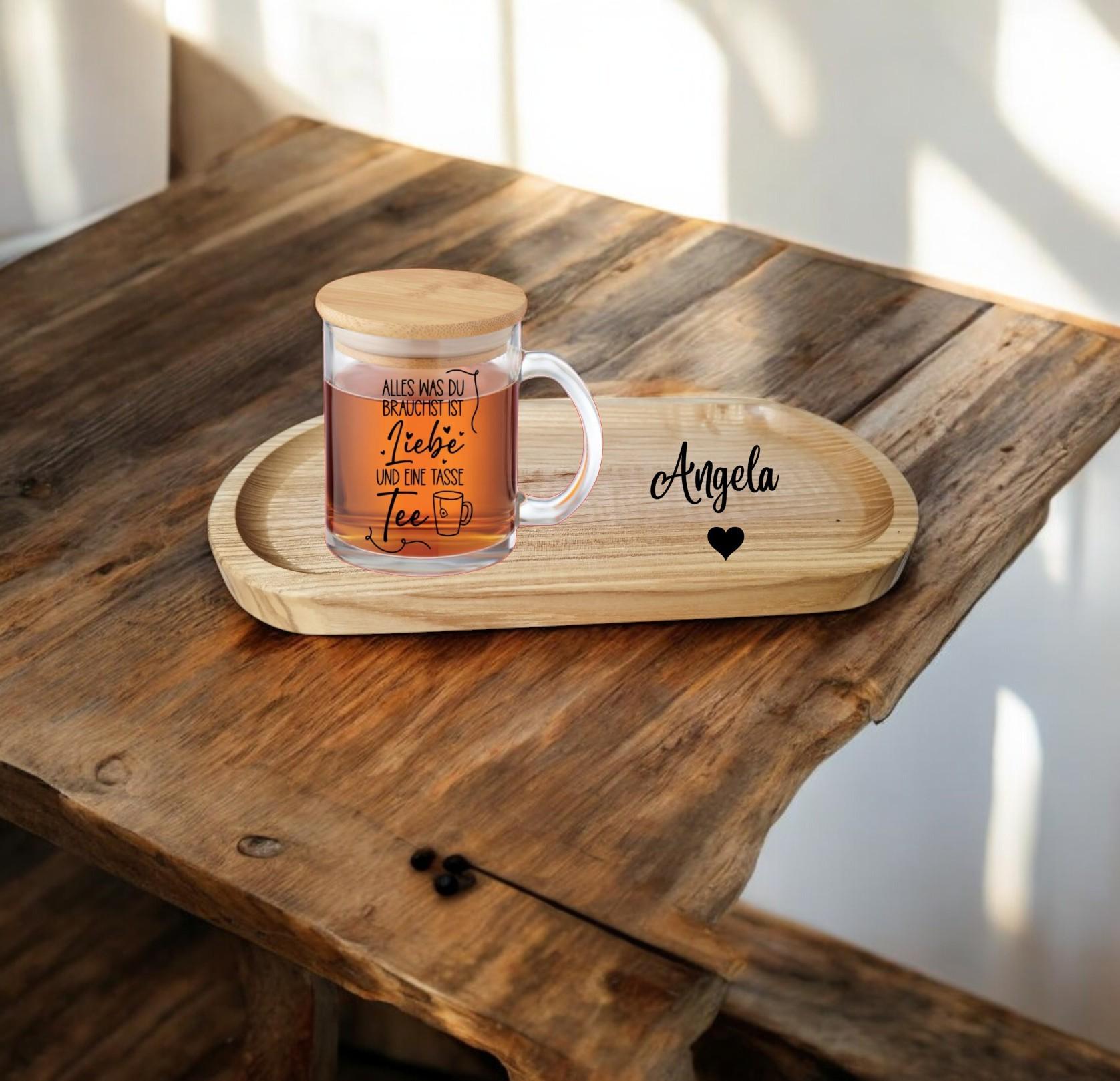 Teeglas, Teetasse mit Bambusdeckel, graviert, personalisiert, mit Namen auf Wunsch, Geschenk für Teetrinker, Art.-Nr. TG2
