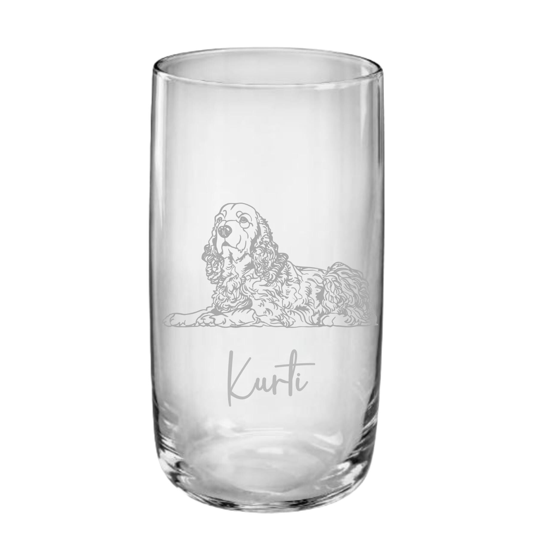 Trinkglas mit Cocker Spaniel – individuell und stilvoll, auf Wunsch mit Namen personalisiert, 4 versch. Motive, Geschenk für Cocker Fans
