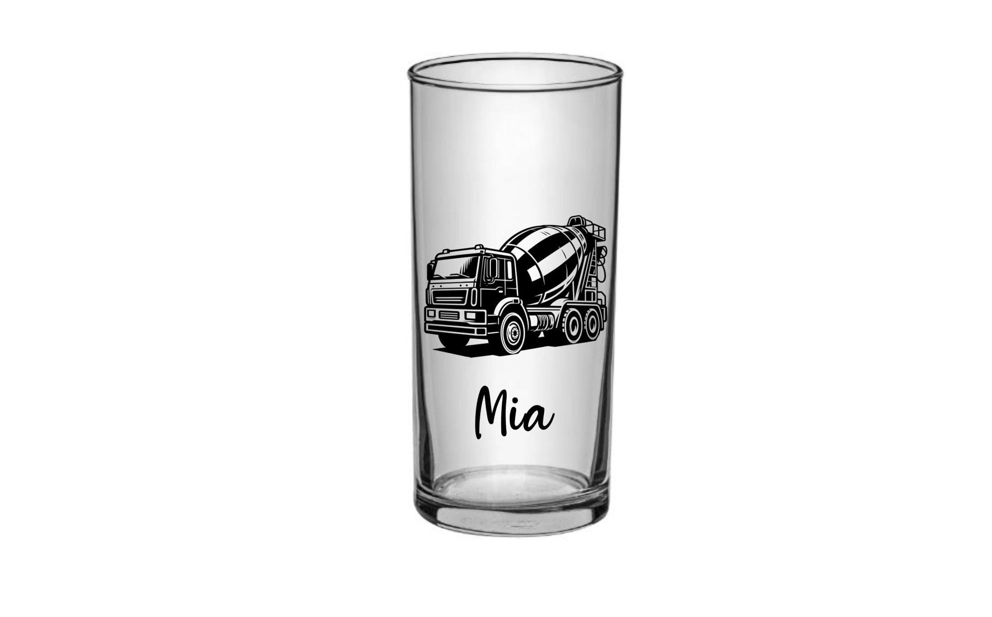 Kinder Trinkglas mit graviertem Betonmischer-Motiv & Wunschname, Geschenk für Kinder, 3 Glas Formen zur Auswahl, Art.-Nr.  KT03