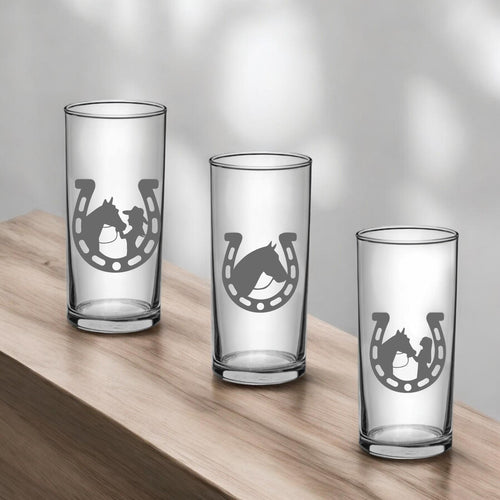 3 Gläser im Set, versch. Pferdemotive, Geschenk für Pferdefreunde, spülmaschinenfest, graviert, 3 Pferdegravuren,  Art.-Nr. PF001