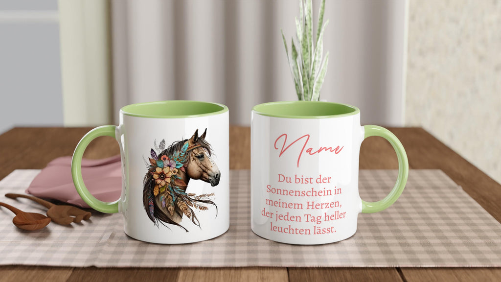Keramik Tasse mit farbiger Innenseite, Pferdemotiv, personalisiert und sehr schönen Spruch, 350 ml, tolles Geschenk für Mädchen