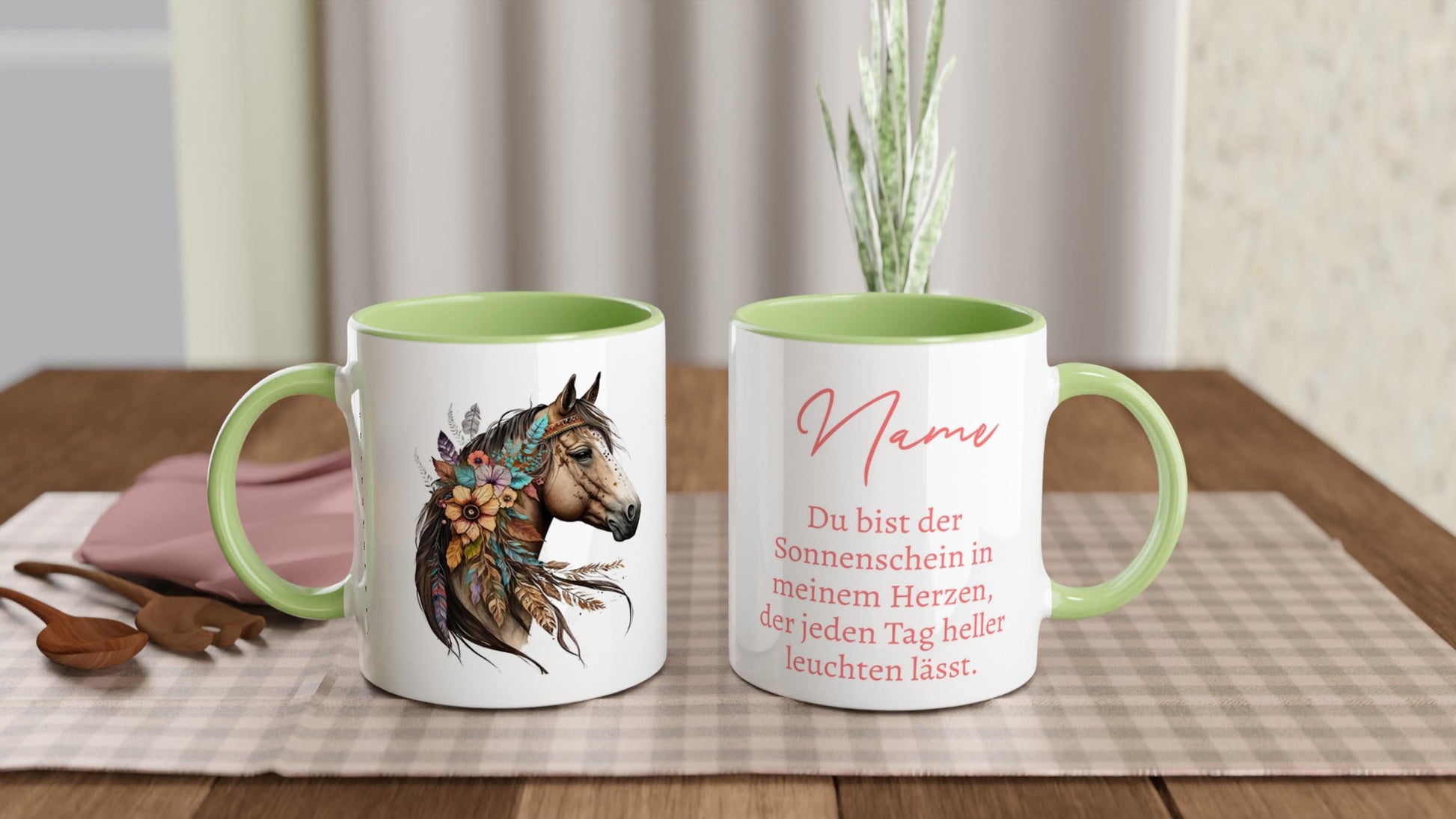 Keramik Tasse mit farbiger Innenseite, Pferdemotiv, personalisiert und sehr schönen Spruch, 350 ml, tolles Geschenk für Mädchen