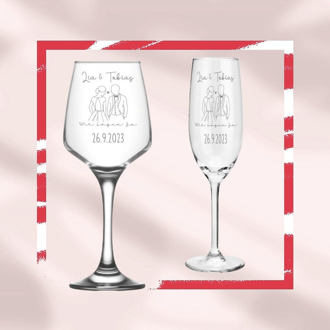 Weinglas oder Sektglas mit Namen und Datum personalisiert, Geschenk für die Hochzeit, das Brautpaar oder als Gastgeschenk