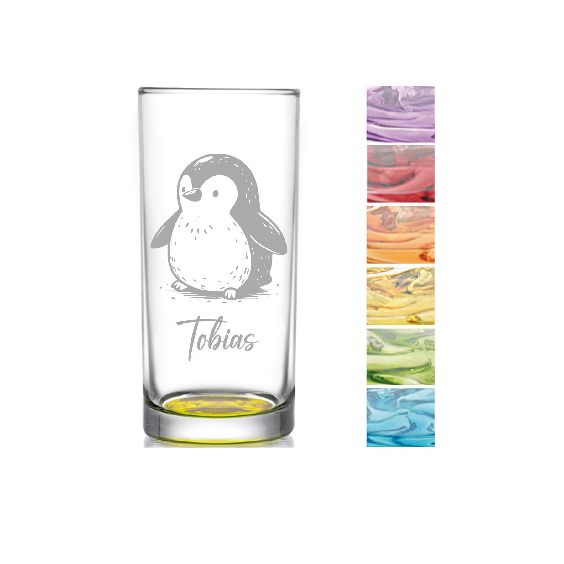Einzigartiges, personalisiertes Kindertrinkglas, mit Pinguin und Namen graviert, handlich für kleine Kinderhände, versch. Glas-Farben-Formen
