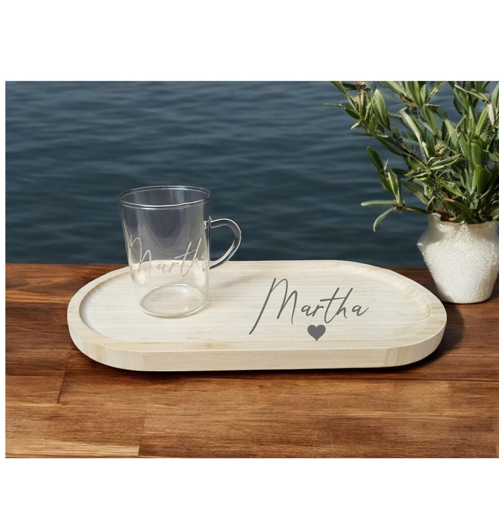 Bambus Tablett mit Teeglas, mit Namen personalisiert, Geschenk für die Freundin, auch einzeln, Art.-Nr. T1