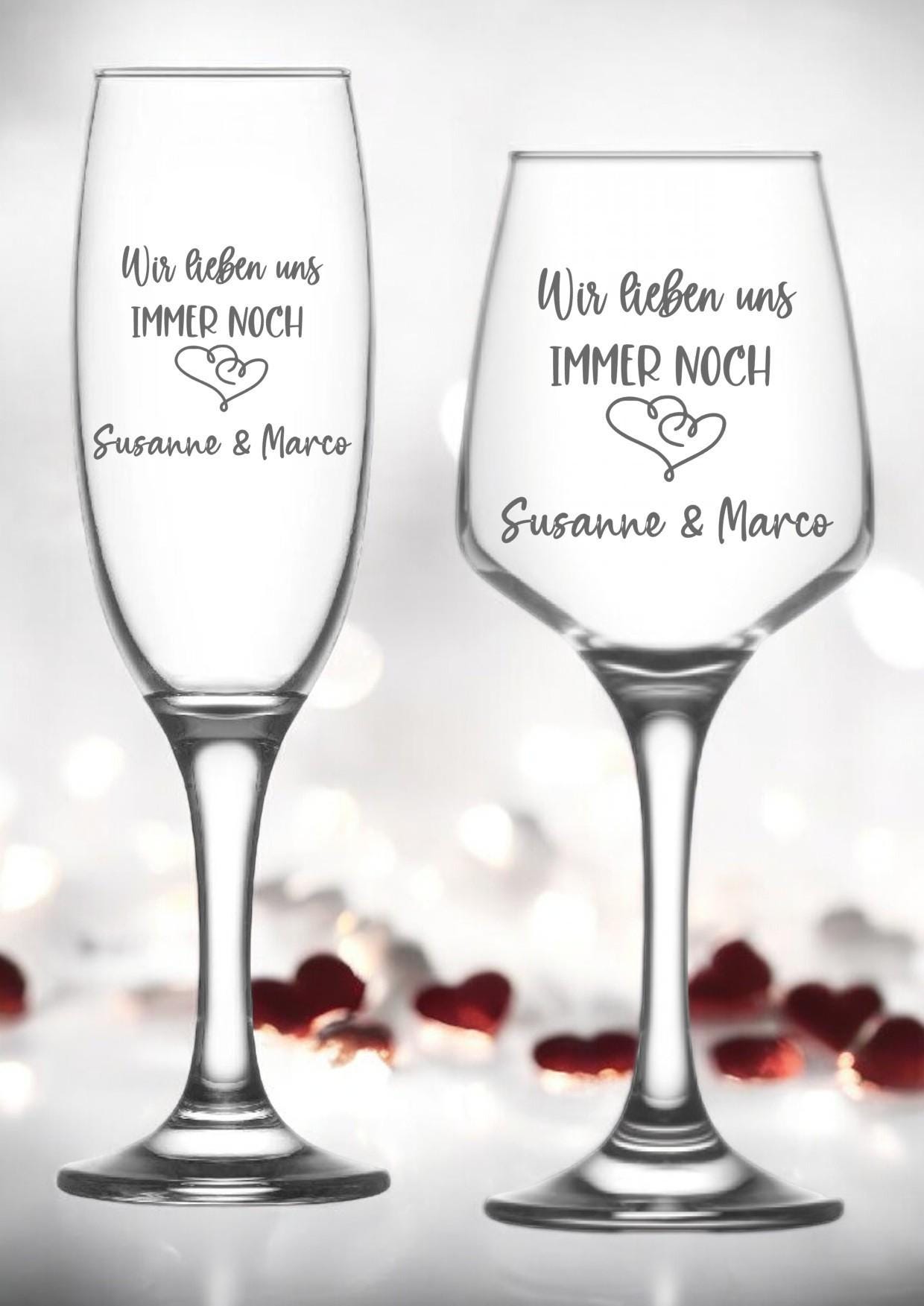 Personalisierte Sekt- oder Weingläser zum Hochzeitstag oder Jubiläum, mit Gravur, personalisiert mit deinen Wunschnamen, mit Botschaft