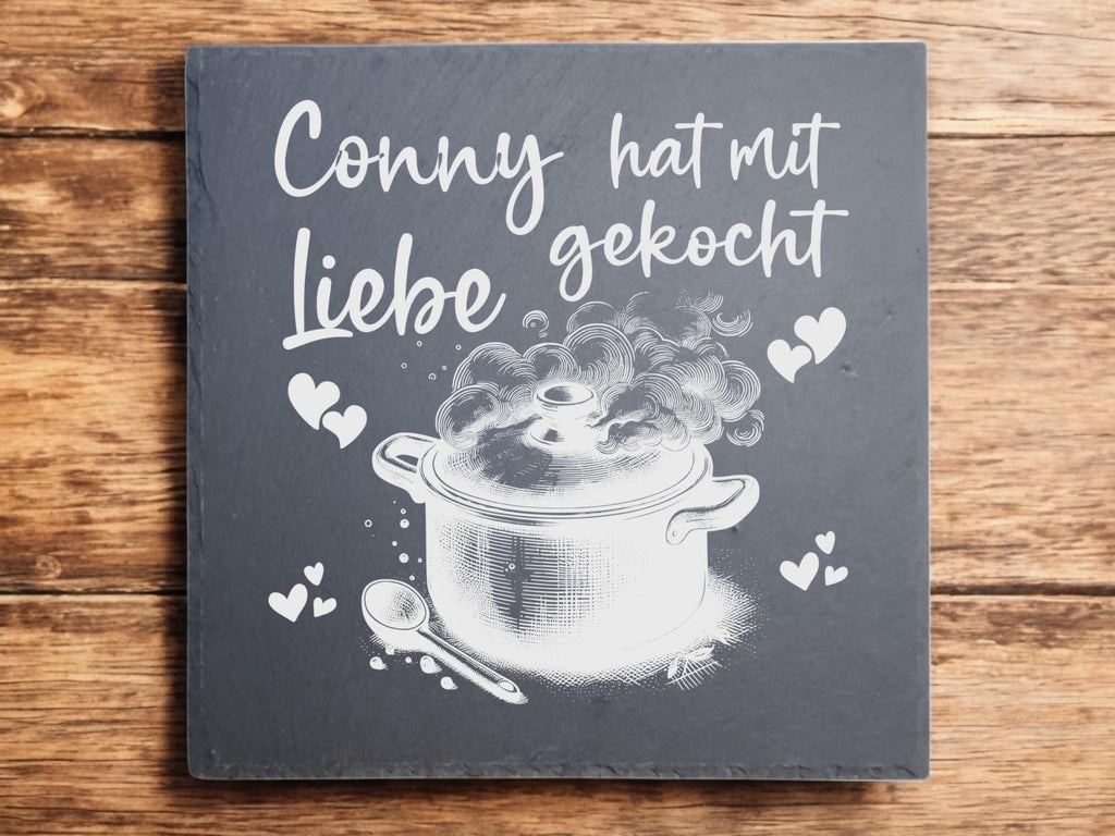 Topfuntersetzer aus Schiefer, graviert, personalisiert, Geschenk zum Einzug, Geschenk für die Küche, 20x20 cm, Art.-Nr. US2