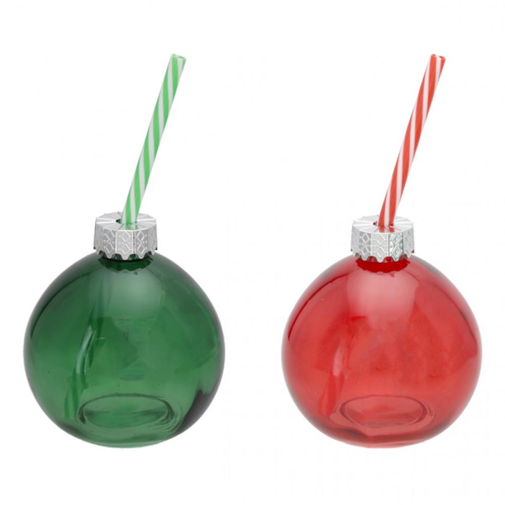 Trinkglas Christbaumkugel, mit Trinkhalm, mit deinem Wunschnamen personalisiert, perfekt für die Weihnachtstafel, in rot oder grün