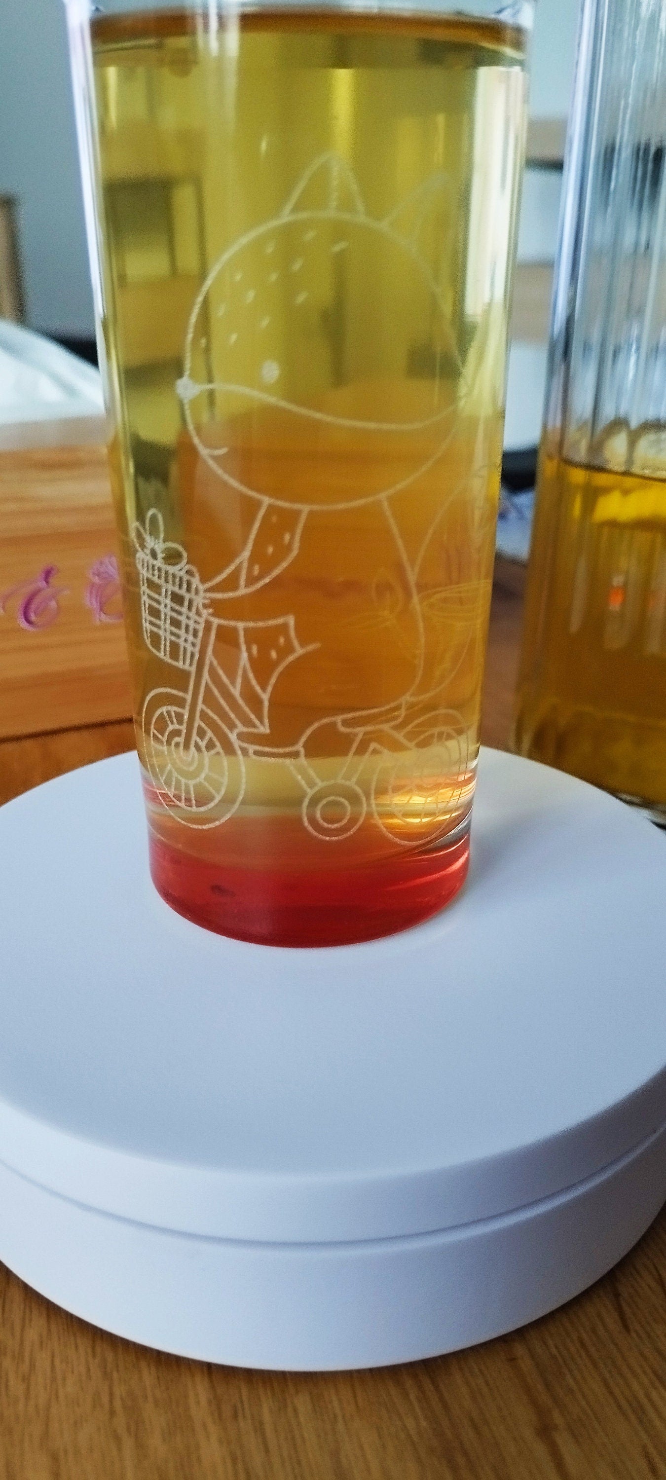 Kinder Trinkglas, Fuchs, rundum Gravur mit Namen personalisiert, Glasboden farbig, Geschenk