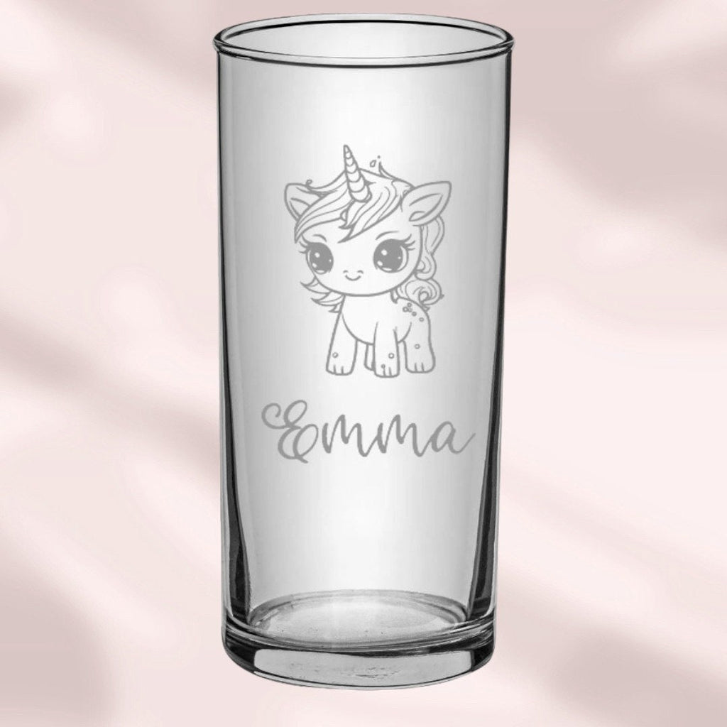Trinkglas für Kinder, mit Gravur, Name + Einhorn, Geschenk zum Geburtstag, Weihnachten, Ostern oder einfach so, personalisiert nach Wunsch