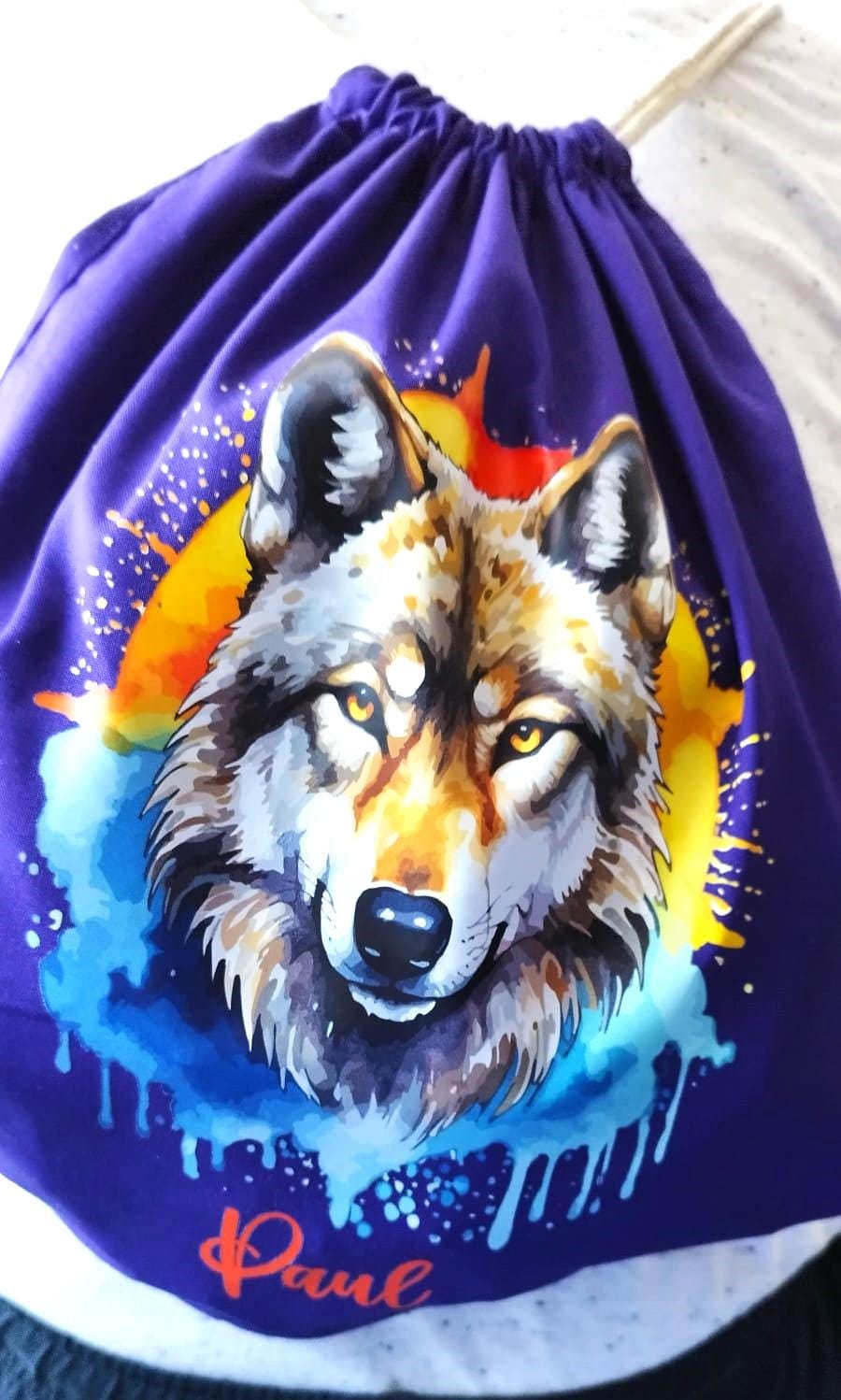 Turnbeutel Wolf, für Schule, Kindergarten, Freizeit, Geschenk für Kinder, verschiedene Farben und Motive, aus Baumwolle