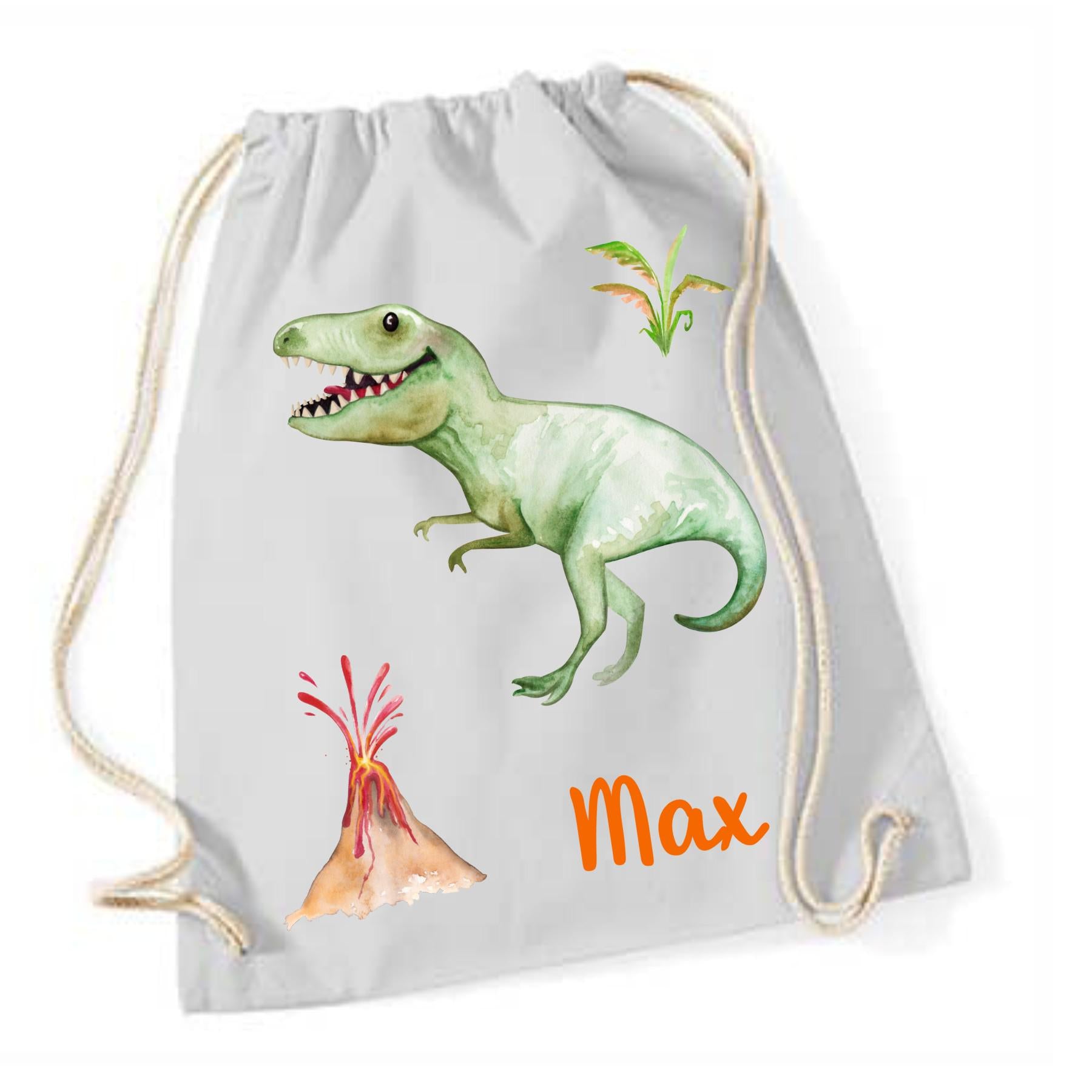 Personalisierter Turnbeutel mit coolem Dino-Motiv und Wunschnamen, Sportbeutel, Gymsack, Wäschebeutel, Wechselwäsche, Tasche, Dinosaurier
