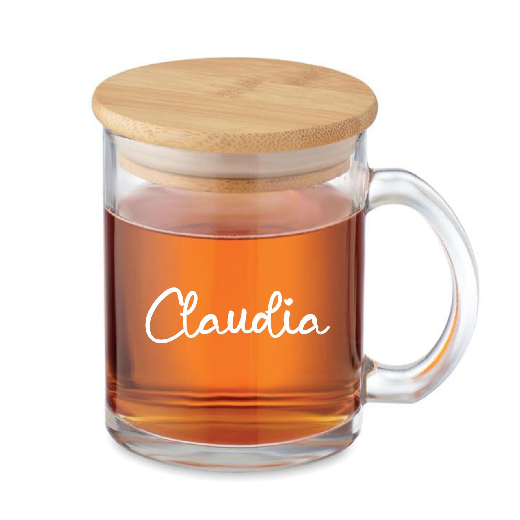 Teeglas mit Deckel aus Bambus, graviert, mit deinem Wunschnamen, Geschenk für Teetrinker, robust, Spülmaschinen geeignet, ART.-NR. TG07