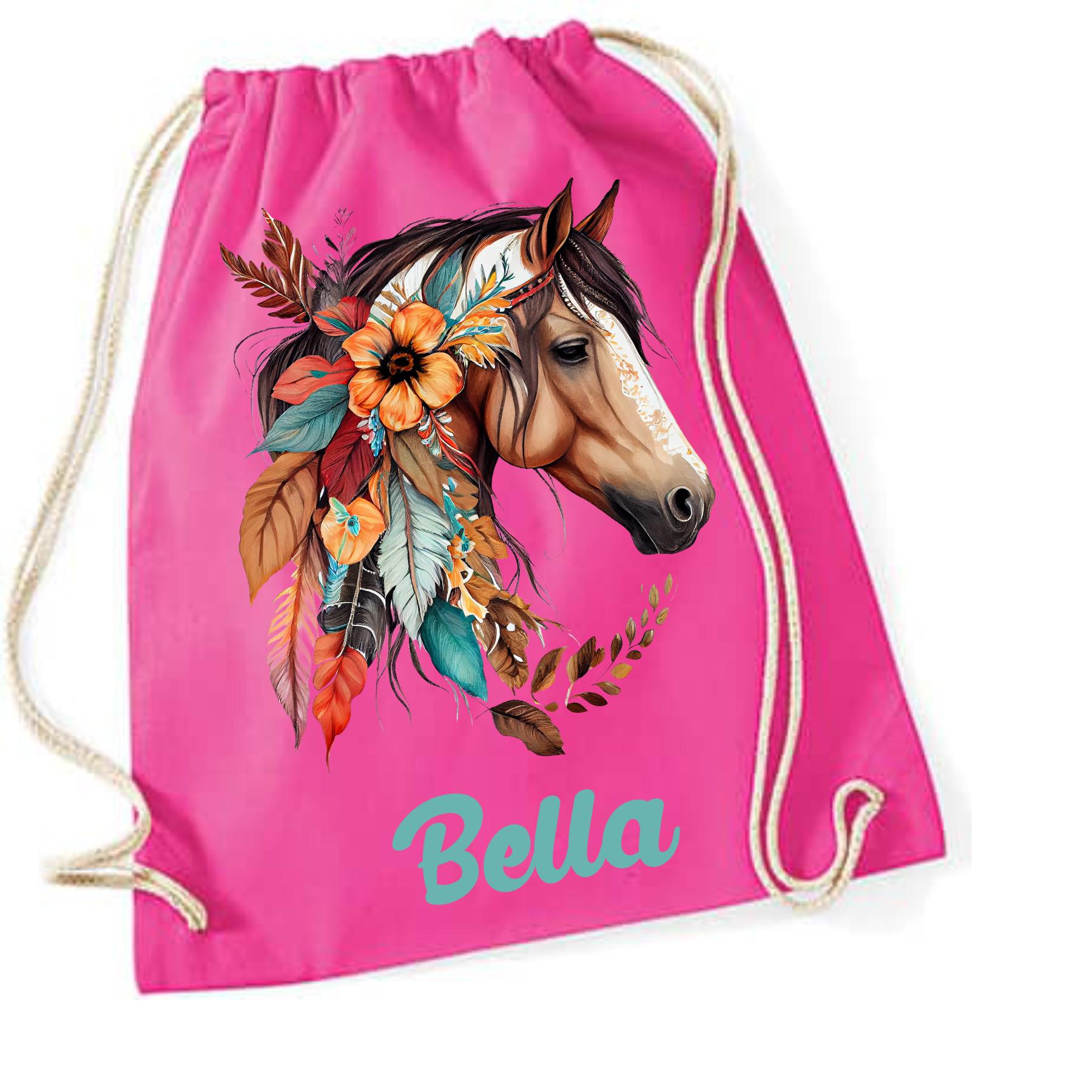 Turnbeutel Pferd mit Namen personalisiert, viele Farben und Schriftarten, Geschenk für Schule, Kindergarten & Freizeit, Zugschnur, Rucksack