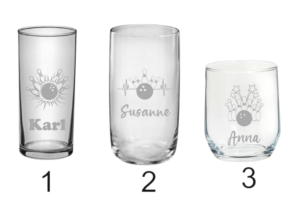 Personalisierte gravierte Gläser mit Bowlingmotiv – Dein Name, 3 Formen, 8 Modelle – Perfektes Geschenk für Bowling-Fans! Art.-Nr. Sport_2