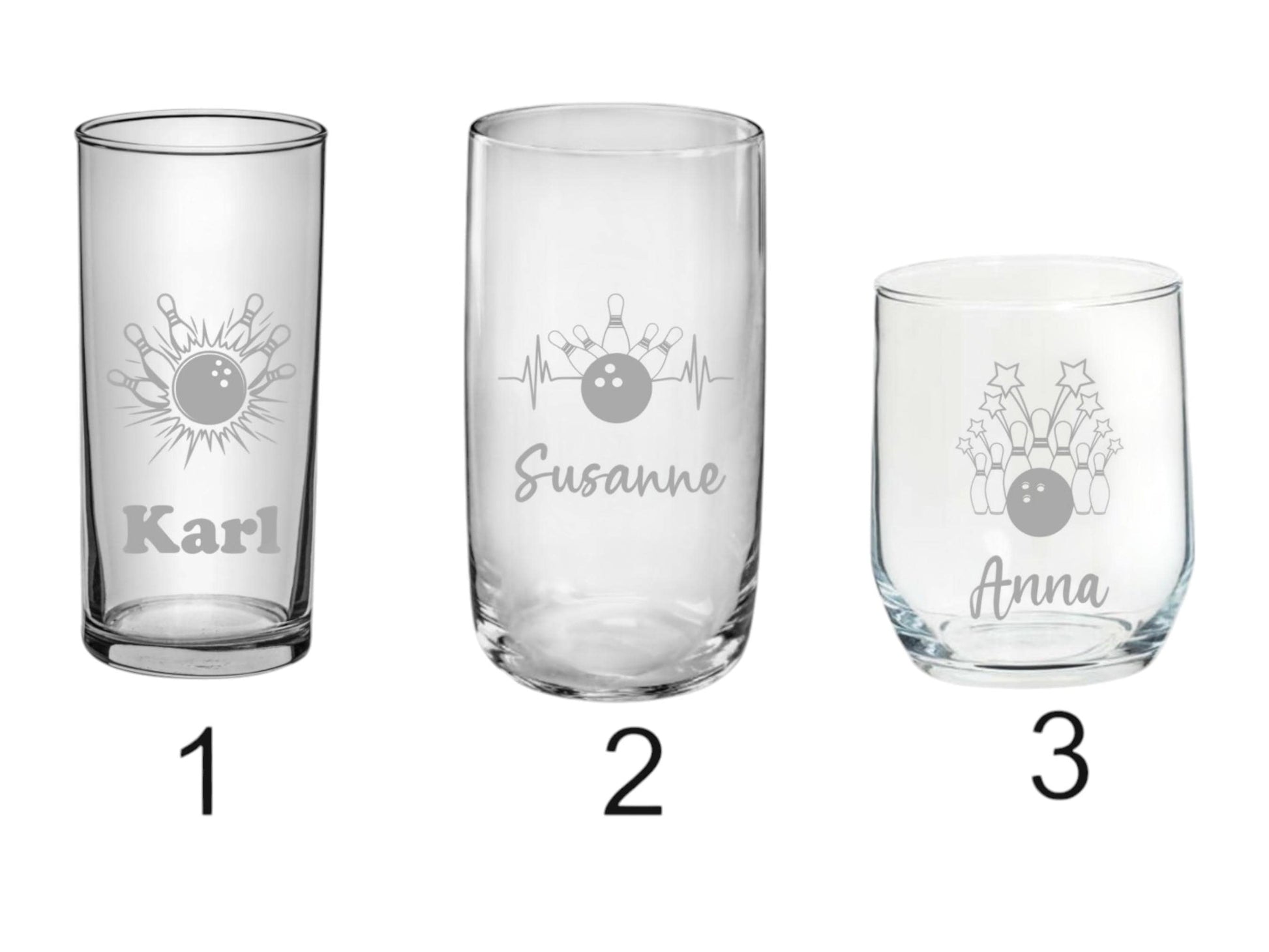 Personalisierte gravierte Gläser mit Bowlingmotiv – Dein Name, 3 Formen, 8 Modelle – Perfektes Geschenk für Bowling-Fans! Art.-Nr. Sport_2