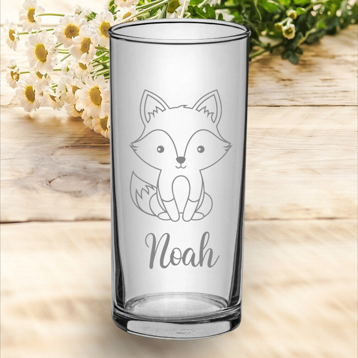 Kinder Trinkglas mit Gravur, personalisiert mit Namen, Wunschtext, Fuchs Motiv, Wasserglas, graviert, Geschenk