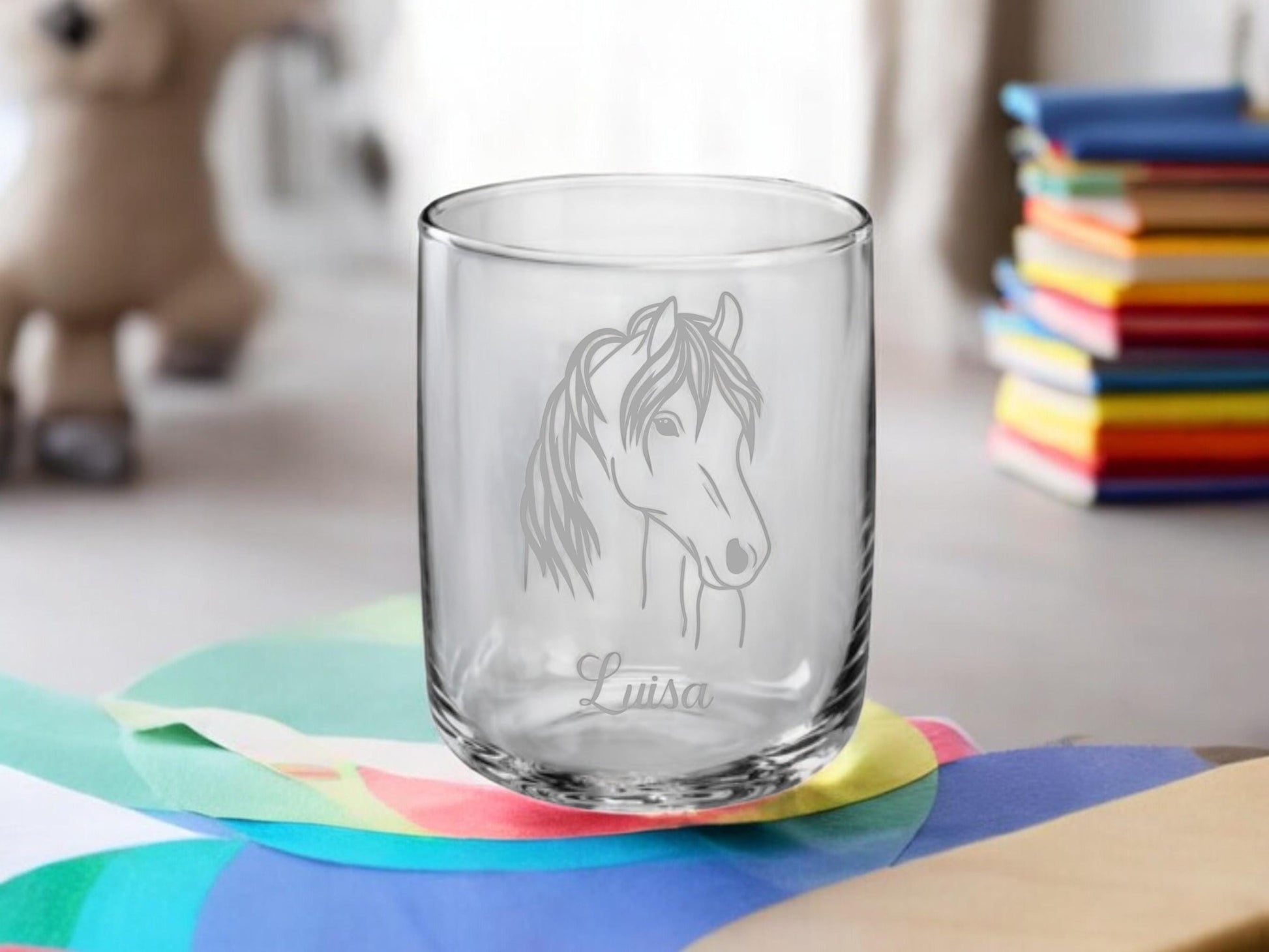 Pferde Kinder Trinkglas mit Gravur, personalisiert mit Namen oder Wunschtext, 3 versch. Glasformen,  Geschenk für Pferdefreunde, Art.Nr.P1