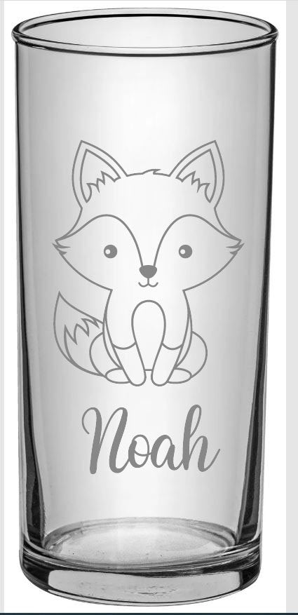 Kinder Trinkglas mit Gravur, personalisiert mit Namen, Wunschtext, Fuchs Motiv, Wasserglas, graviert, Geschenk