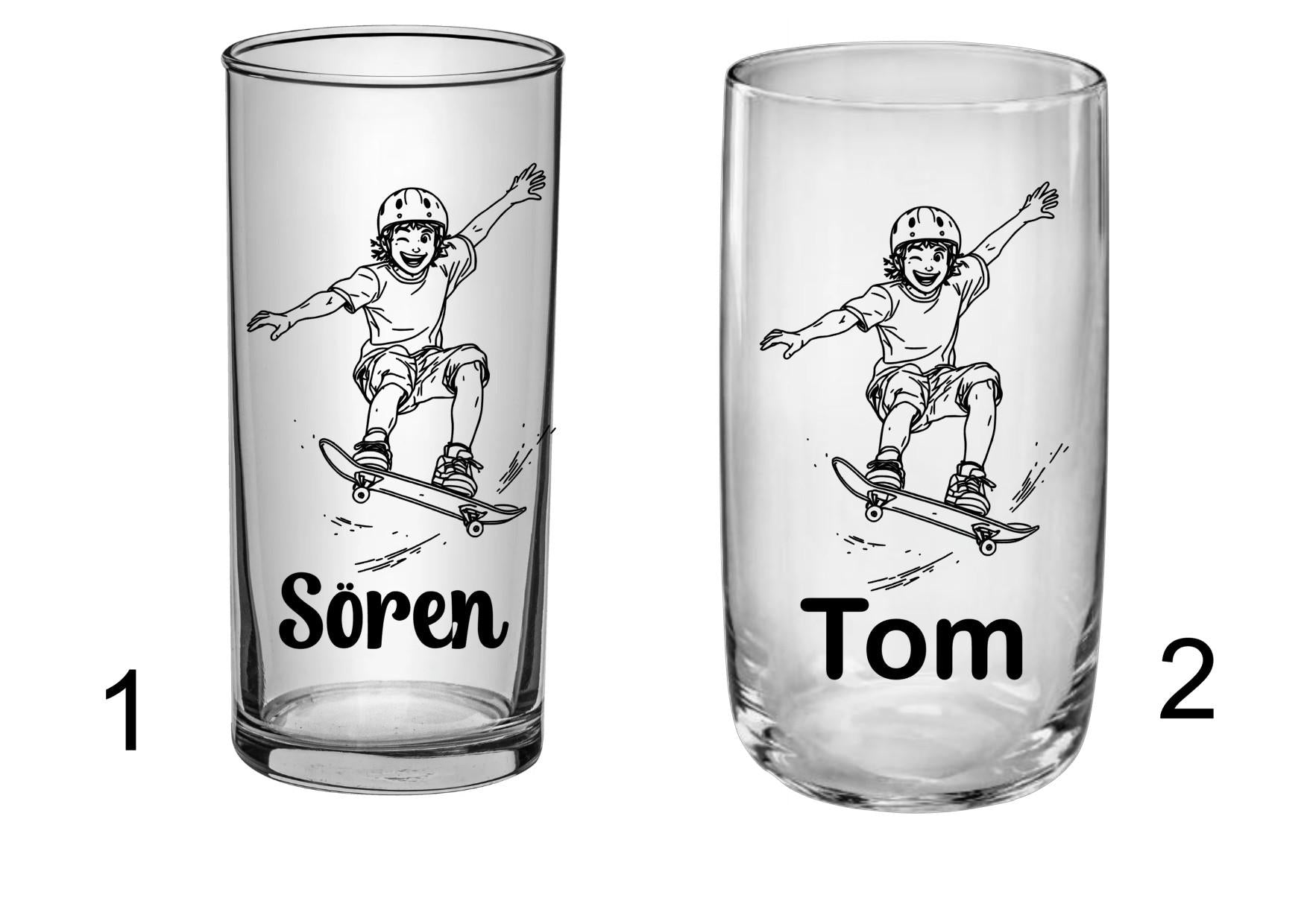 Individuelles Skater-Trinkglas – Graviert mit Wunschnamen o. Vereinslogo! versch. Schrift, Geschenk für Jungen - Skater,  Art.-Nr. SG01