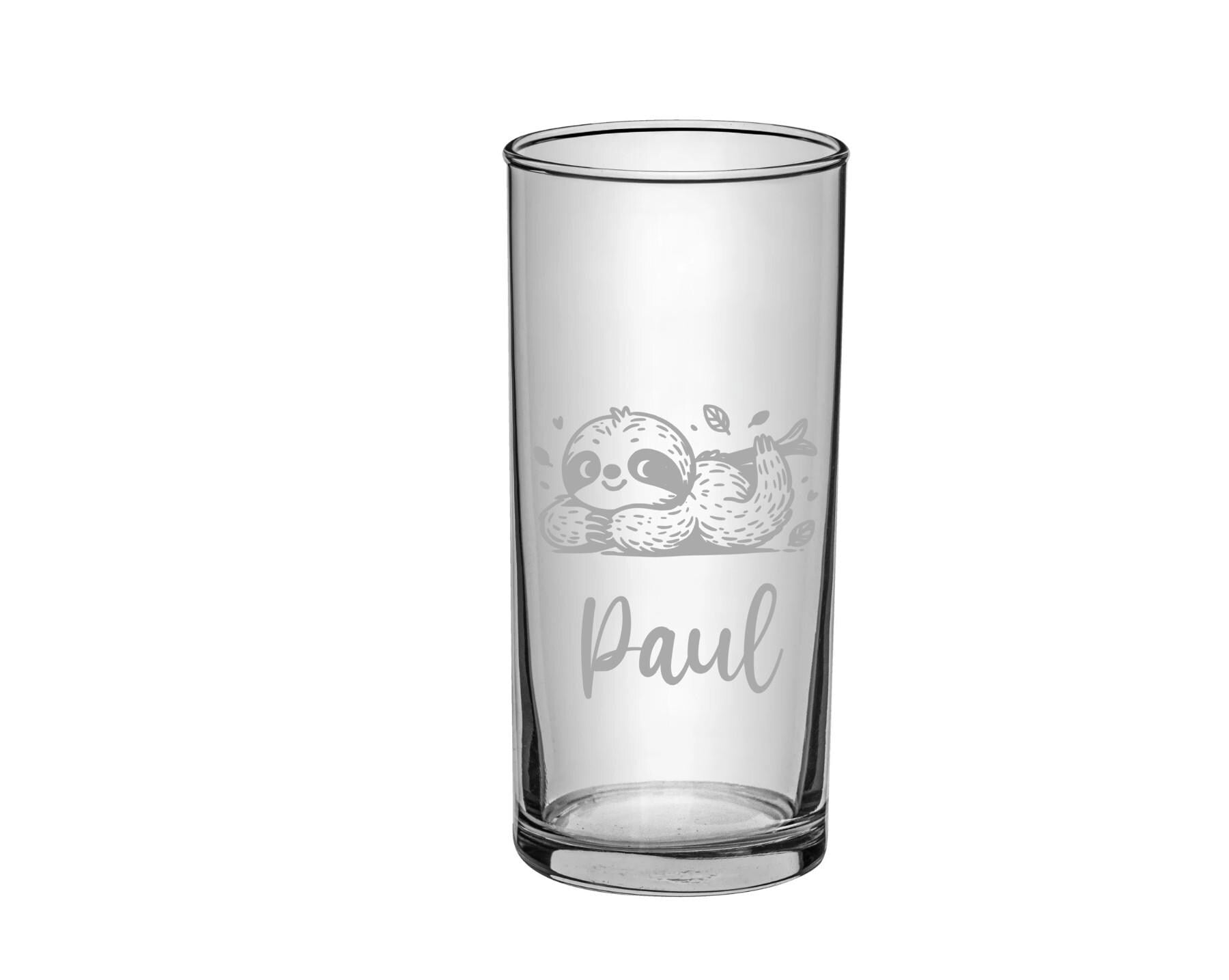Einzigartiges, personalisiertes Kindertrinkglas, mit Faultier + Namen graviert, 3 versch. Glasformen, Geburtstagsgeschenk, Art.Nr.F1