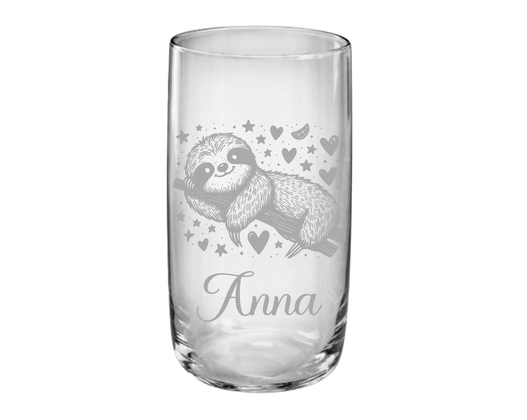 Einzigartiges, personalisiertes Kindertrinkglas, mit Faultier + Namen graviert, 3 versch. Glasformen, Geburtstagsgeschenk, Art.Nr.F1